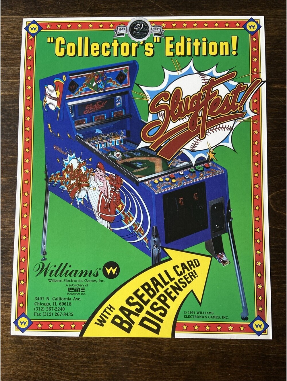 Williams Slugfest Arcade Pinball FLYER Original Ad Promo 1991 Poster Not PCB